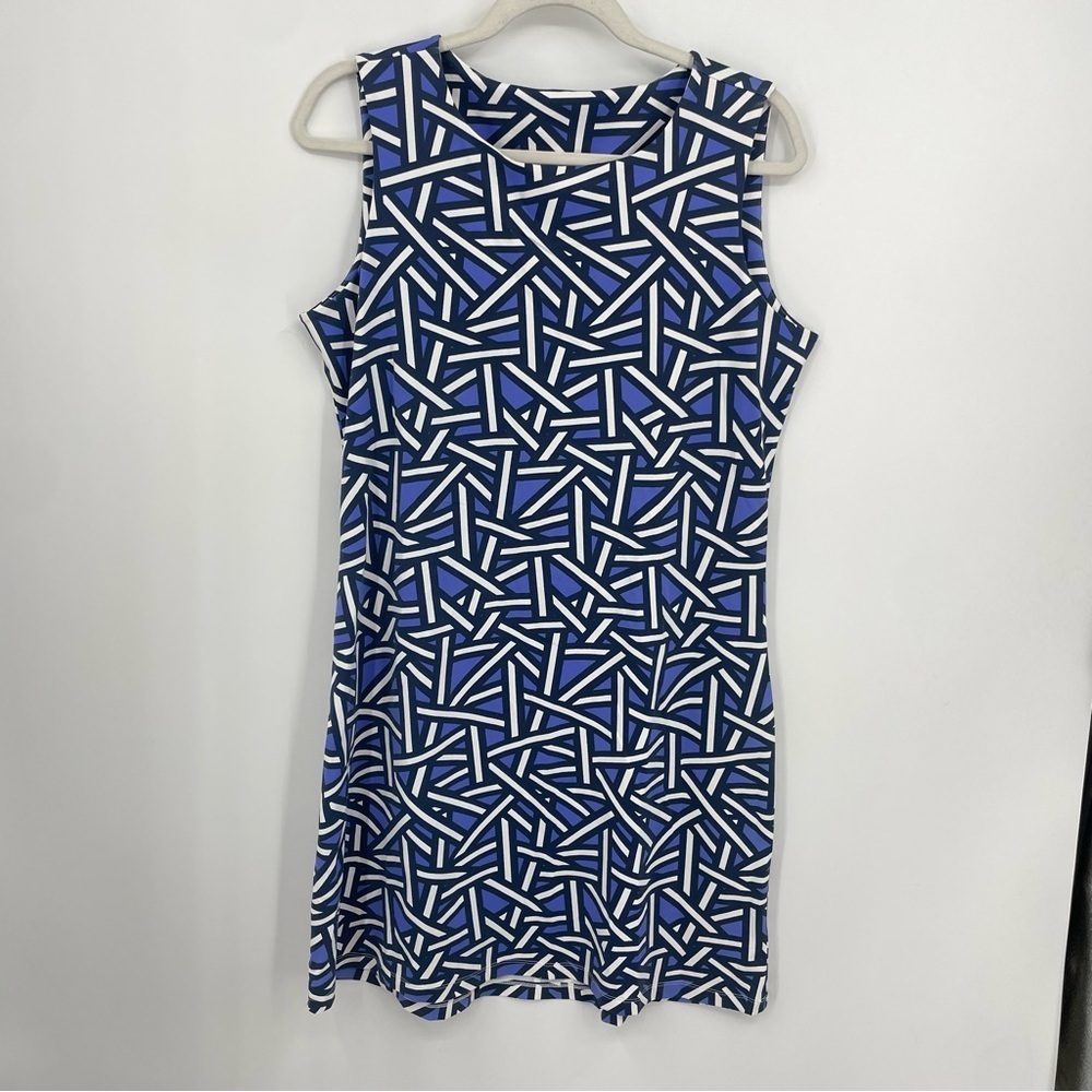 Mahi Gold Womens Sleeveless Geometric Sheath Dress Sz L Blue White
